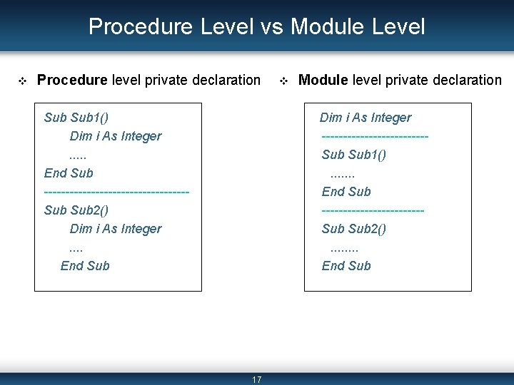 Procedure Level vs Module Level v Procedure level private declaration Sub 1() Dim i