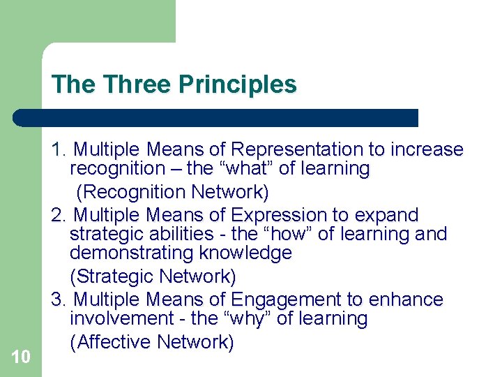 The Three Principles 10 1. Multiple Means of Representation to increase recognition – the