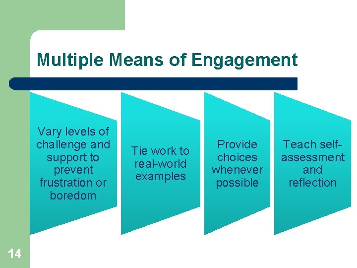 Multiple Means of Engagement Vary levels of challenge and support to prevent frustration or