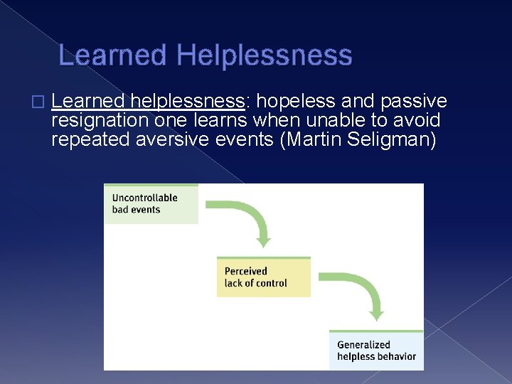 Learned Helplessness � Learned helplessness: hopeless and passive resignation one learns when unable to