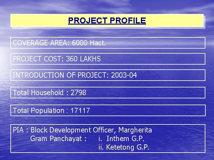 PROJECT PROFILE COVERAGE AREA: 6000 Hact. PROJECT COST: 360 LAKHS INTRODUCTION OF PROJECT: 2003