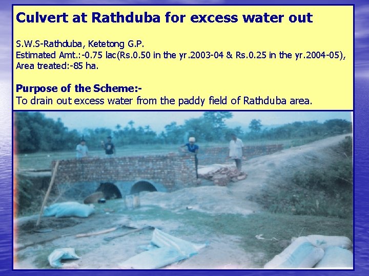 Culvert at Rathduba for excess water out S. W. S-Rathduba, Ketetong G. P. Estimated
