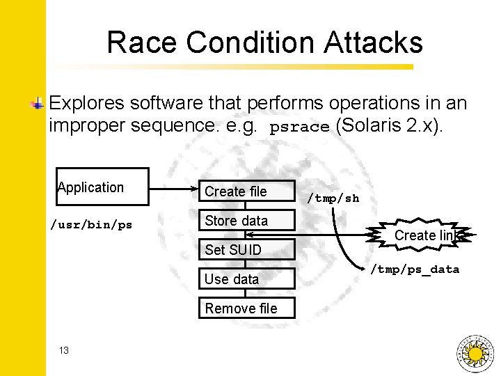 Race Condition Attacks Explores software that performs operations in an improper sequence. e. g.