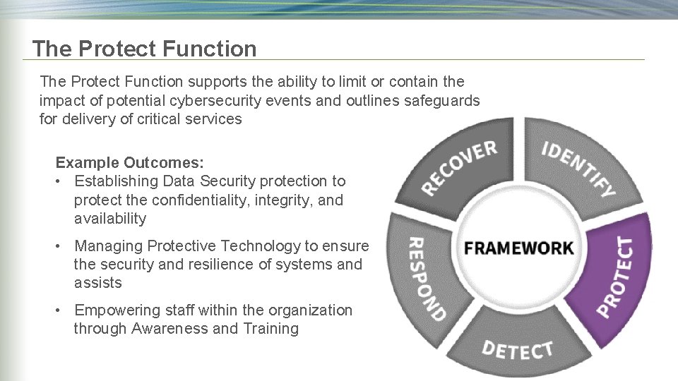 The Protect Function supports the ability to limit or contain the impact of potential The Protect Function supports the ability to limit or contain the impact of potential