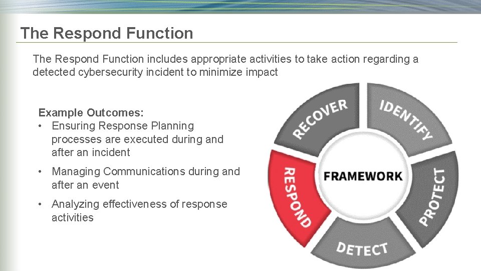 The Respond Function includes appropriate activities to take action regarding a detected cybersecurity incident The Respond Function includes appropriate activities to take action regarding a detected cybersecurity incident