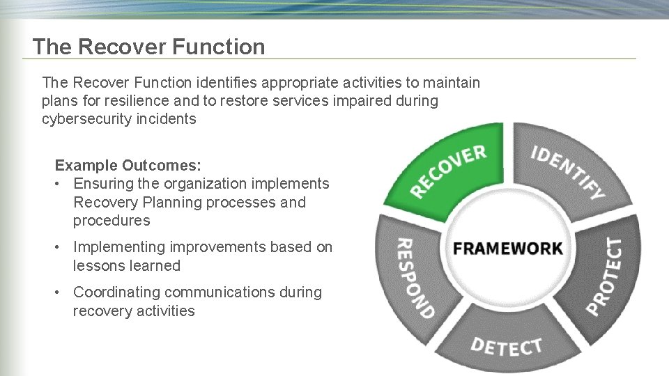 The Recover Function identifies appropriate activities to maintain plans for resilience and to restore The Recover Function identifies appropriate activities to maintain plans for resilience and to restore
