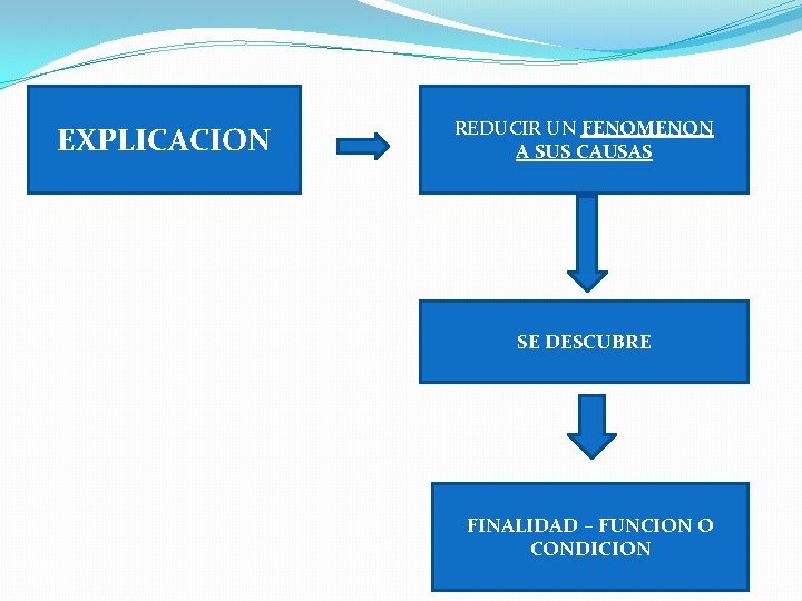 EXPLICACION REDUCIR UN FENOMENON A SUS CAUSAS SE DESCUBRE FINALIDAD – FUNCION O CONDICION