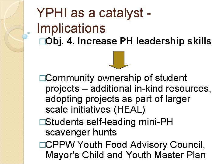 YPHI as a catalyst Implications �Obj. 4. Increase PH leadership skills �Community ownership of