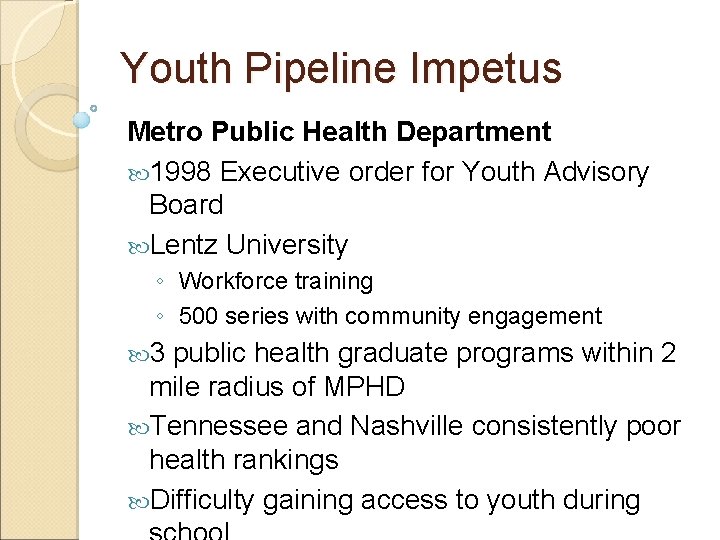 Youth Pipeline Impetus Metro Public Health Department 1998 Executive order for Youth Advisory Board