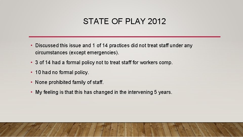 STATE OF PLAY 2012 • Discussed this issue and 1 of 14 practices did