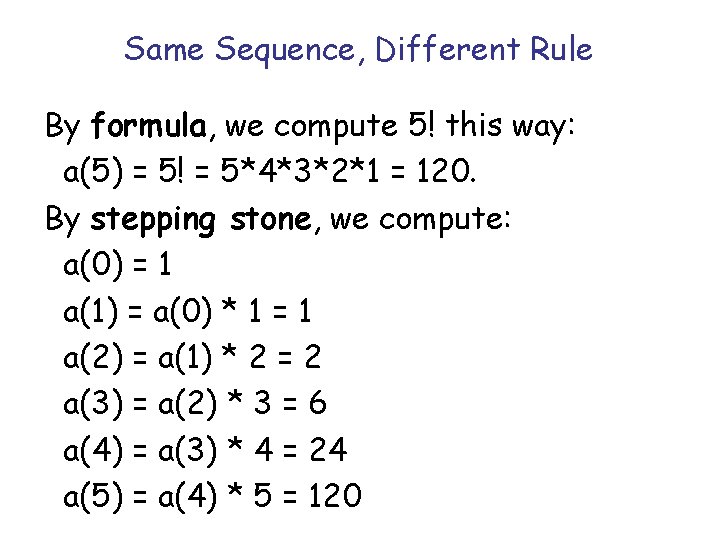 Same Sequence, Different Rule By formula, we compute 5! this way: a(5) = 5! Same Sequence, Different Rule By formula, we compute 5! this way: a(5) = 5!