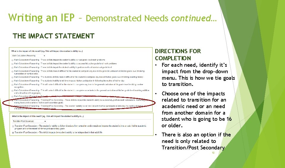 Writing an IEP – Demonstrated Needs continued… THE IMPACT STATEMENT DIRECTIONS FOR COMPLETION •