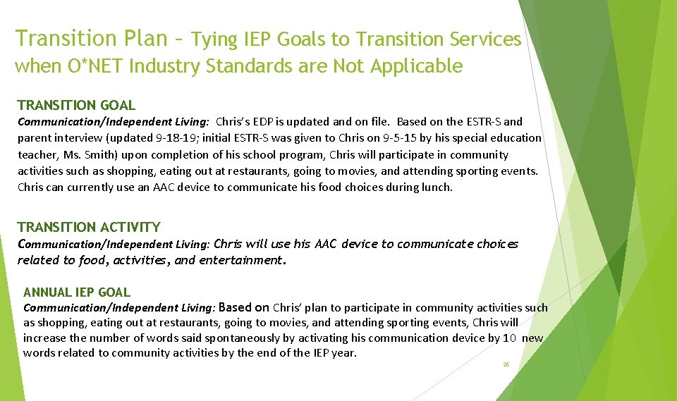Transition Plan – Tying IEP Goals to Transition Services when O*NET Industry Standards are
