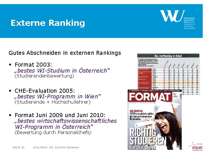 Externe Ranking Gutes Abschneiden in externen Rankings § Format 2003: „bestes WI-Studium in Österreich“