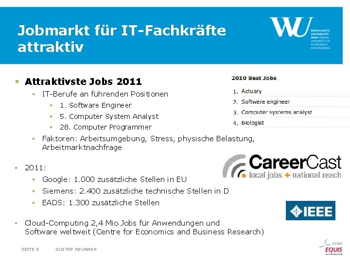 Jobmarkt für IT-Fachkräfte attraktiv § Attraktivste Jobs 2011 § IT-Berufe an führenden Positionen §