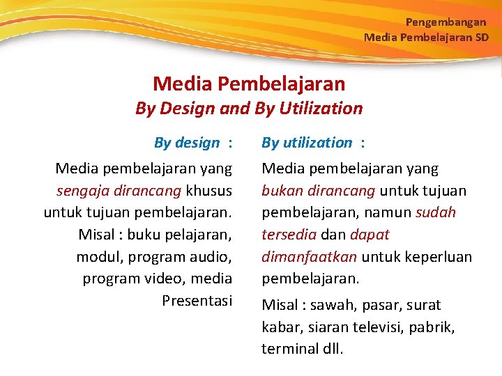 Pengembangan Media Pembelajaran SD Media Pembelajaran By Design and By Utilization By design :