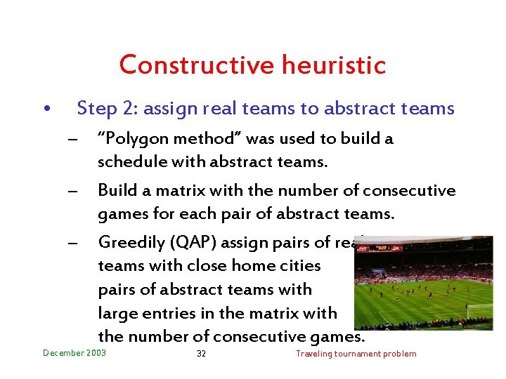 Constructive heuristic • Step 2: assign real teams to abstract teams – – –