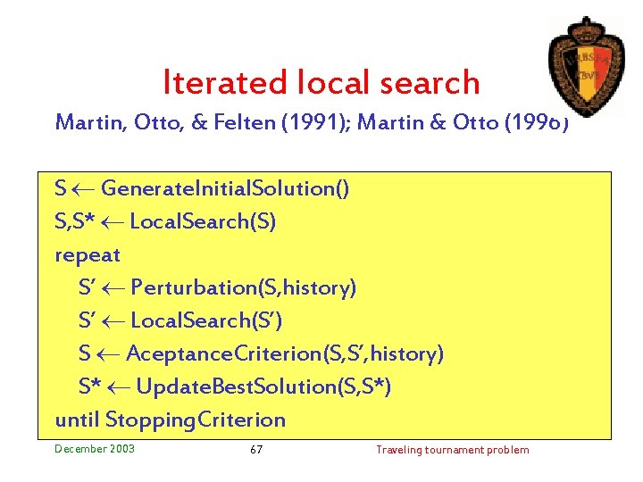 Iterated local search Martin, Otto, & Felten (1991); Martin & Otto (1996) S Generate.