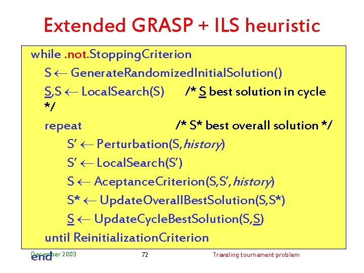 Extended GRASP + ILS heuristic while. not. Stopping. Criterion S Generate. Randomized. Initial. Solution()