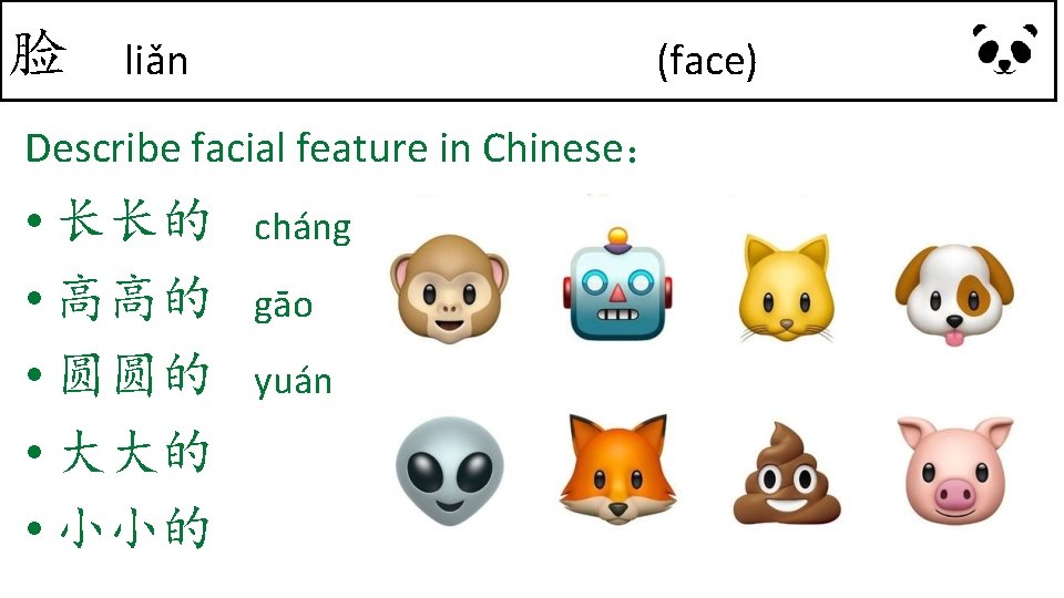 脸 liǎn (face) Describe facial feature in Chinese： • 长长的 • 高高的 • 圆圆的
