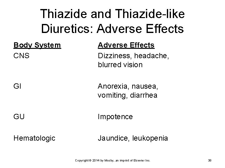Thiazide and Thiazide-like Diuretics: Adverse Effects Body System CNS Adverse Effects Dizziness, headache, blurred
