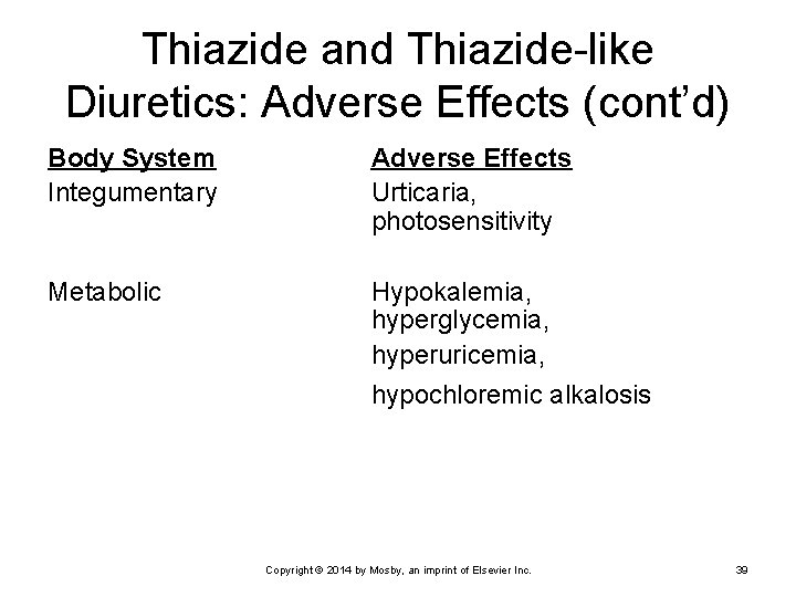 Thiazide and Thiazide-like Diuretics: Adverse Effects (cont’d) Body System Integumentary Adverse Effects Urticaria, photosensitivity