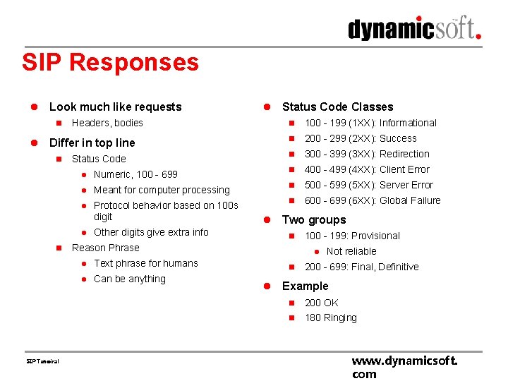 SIP Responses l Look much like requests n l l Headers, bodies Differ in