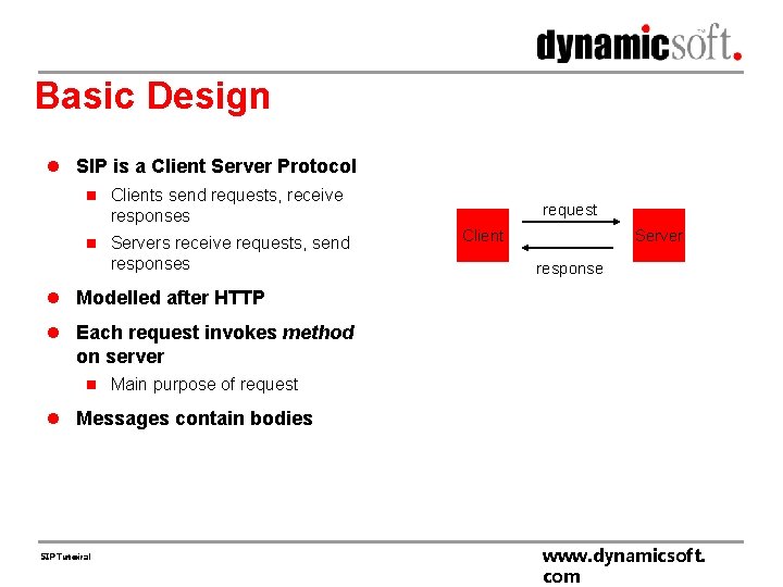 Basic Design l SIP is a Client Server Protocol n Clients send requests, receive