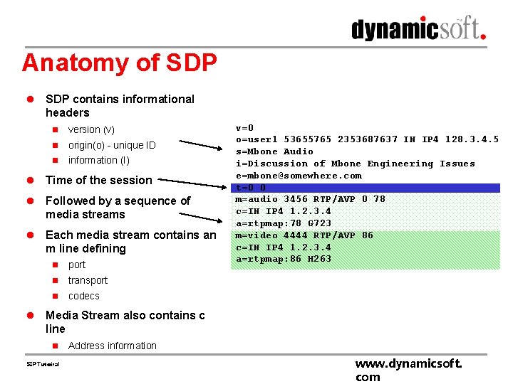 Anatomy of SDP l SDP contains informational headers n version (v) n origin(o) -