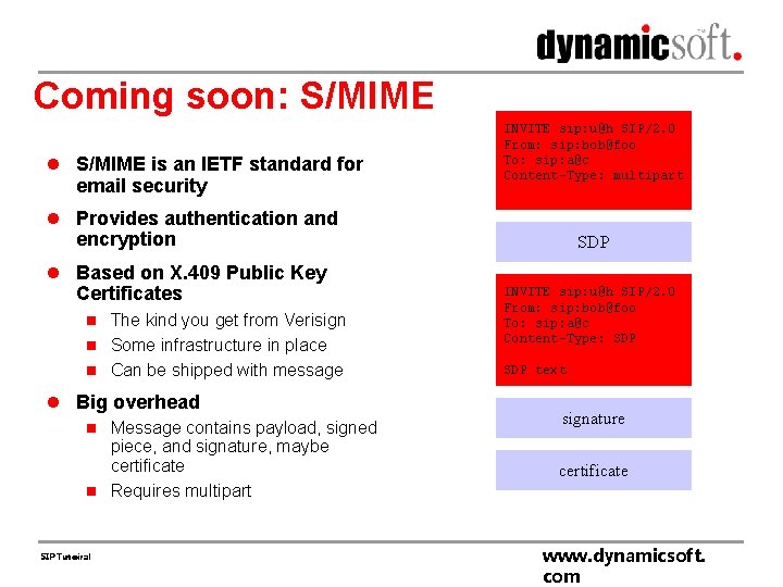 Coming soon: S/MIME l S/MIME is an IETF standard for email security INVITE sip: