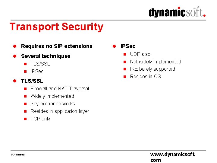 Transport Security l Requires no SIP extensions l Several techniques n TLS/SSL n IPSec