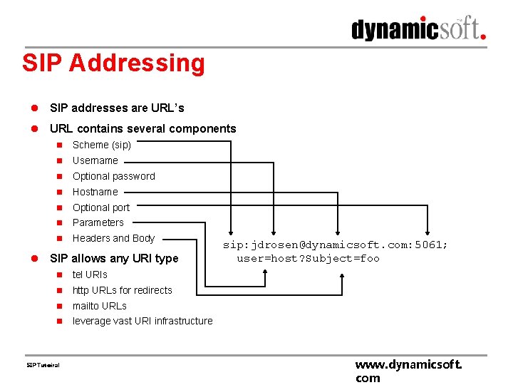 SIP Addressing l SIP addresses are URL’s l URL contains several components l n