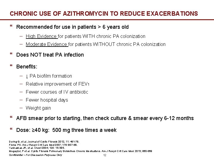 CHRONIC USE OF AZITHROMYCIN TO REDUCE EXACERBATIONS } Recommended for use in patients >