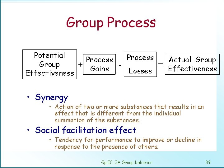 Group Process Potential Process Actual Group Process Group = + Effectiveness Gains Losses Effectiveness