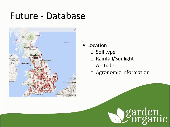 Future - Database Ø Location o Soil type o Rainfall/Sunlight o Altitude o Agronomic