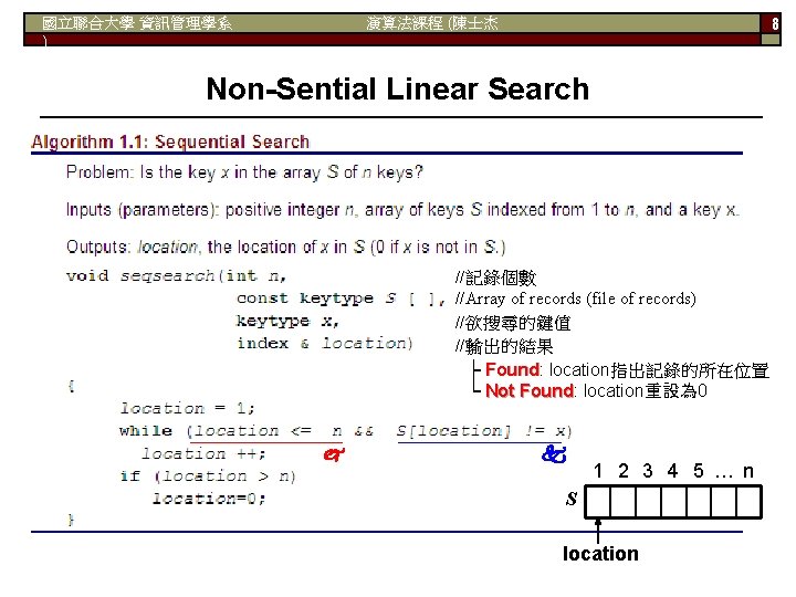 演算法課程 (陳士杰 國立聯合大學 資訊管理學系 ) 8 Non-Sential Linear Search //記錄個數 //Array of records (file