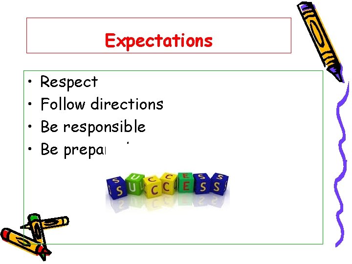 Expectations • • Respect Follow directions Be responsible Be prepared 