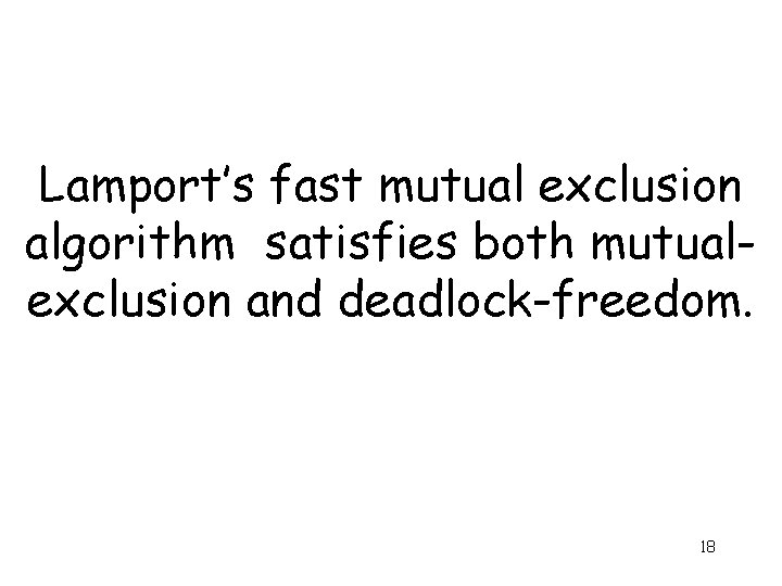 Lamport’s fast mutual exclusion algorithm satisfies both mutualexclusion and deadlock-freedom. 18 