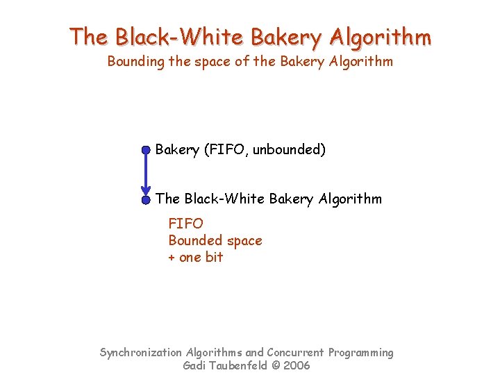 The Black-White Bakery Algorithm Bounding the space of the Bakery Algorithm Bakery (FIFO, unbounded)