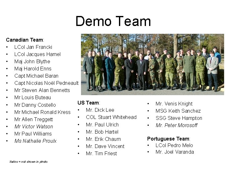 Demo Team Canadian Team: • LCol Jan Francki • LCol Jacques Hamel • Maj