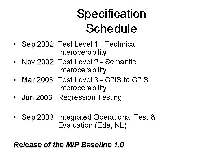 Specification Schedule • Sep 2002 Test Level 1 - Technical Interoperability • Nov 2002