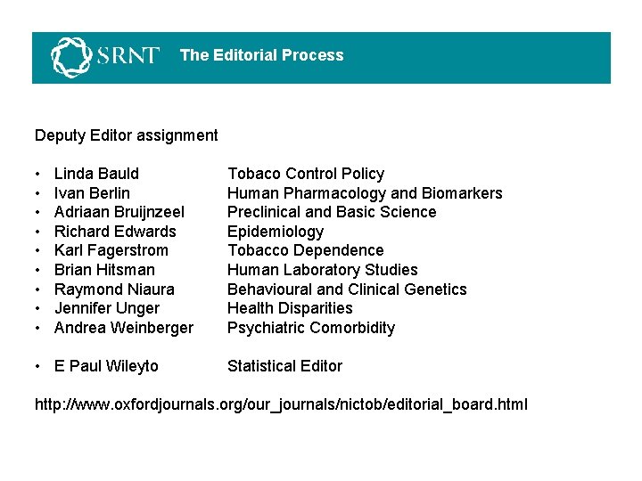 The Editorial Process Deputy Editor assignment • • • Linda Bauld Ivan Berlin Adriaan