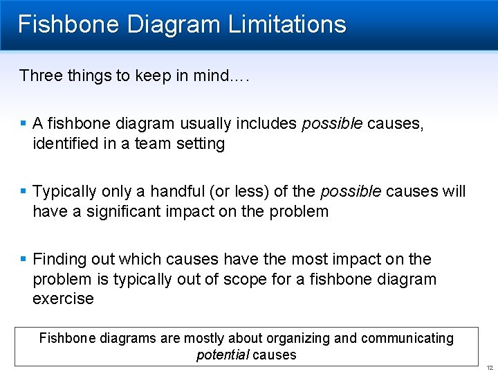 Fishbone Diagram Limitations Three things to keep in mind…. § A fishbone diagram usually