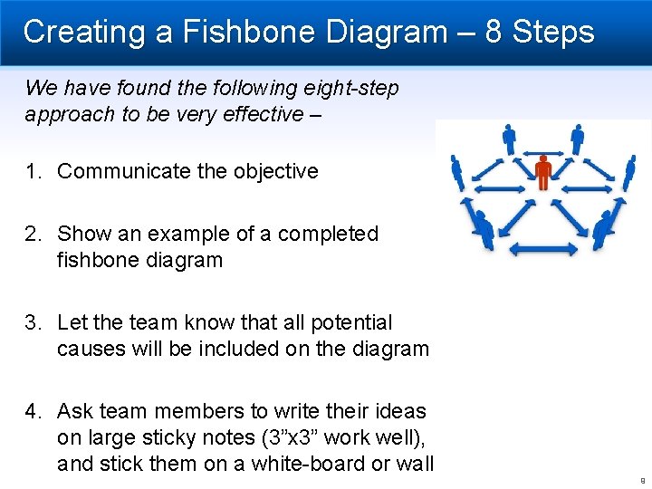 Creating a Fishbone Diagram – 8 Steps We have found the following eight-step approach