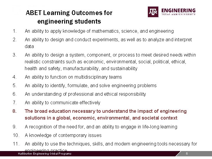 ABET Learning Outcomes for engineering students 1. An ability to apply knowledge of mathematics,