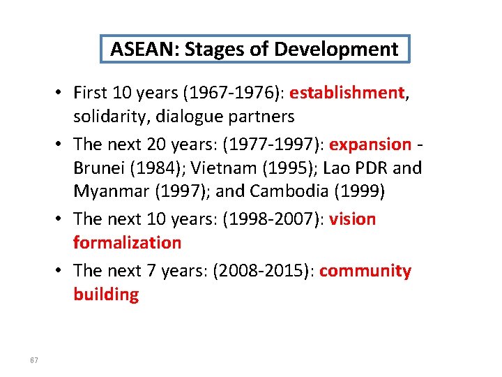 ASEAN: Stages of Development • First 10 years (1967 -1976): establishment, solidarity, dialogue partners