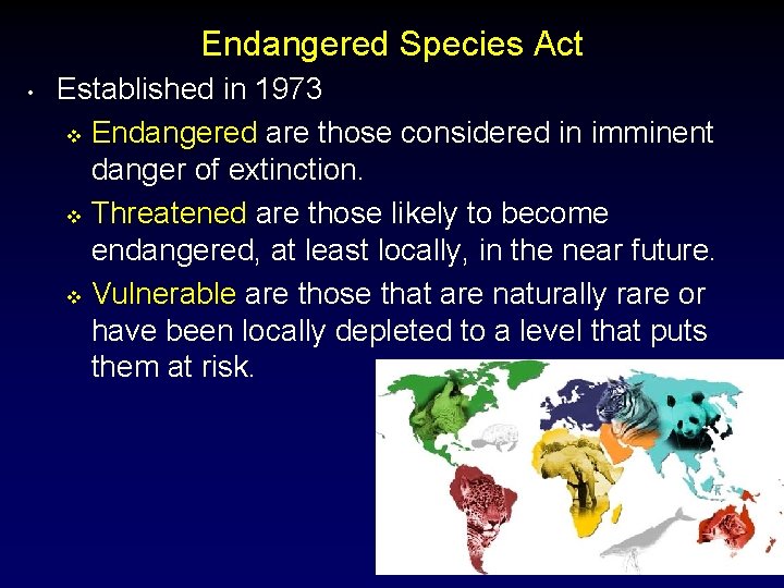 Endangered Species Act • Established in 1973 v Endangered are those considered in imminent