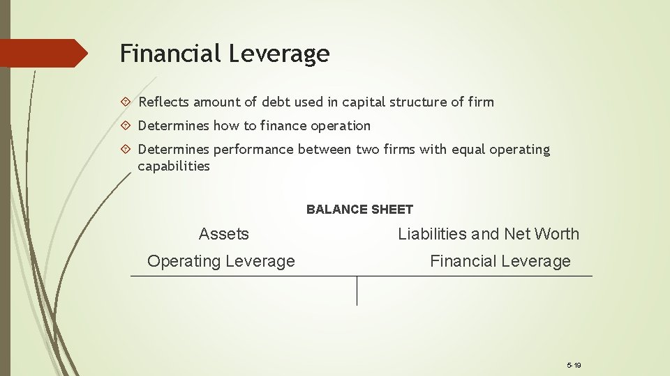 Financial Leverage Reflects amount of debt used in capital structure of firm Determines how