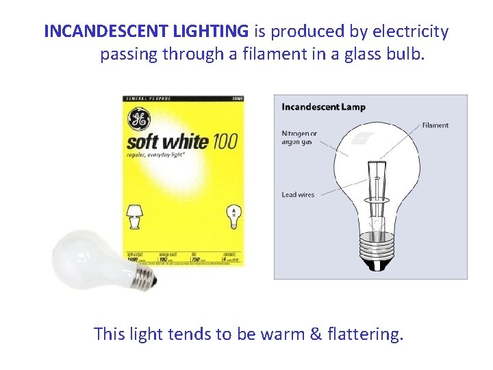 INCANDESCENT LIGHTING is produced by electricity passing through a filament in a glass bulb.