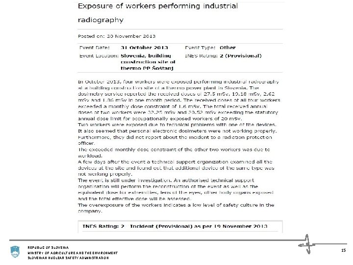 REPUBLIC OF SLOVENIA MINISTRY OF AGRICULTURE AND THE ENVIRONMENT SLOVENIAN NUCLEAR SAFETY ADMINISTRATION 15
